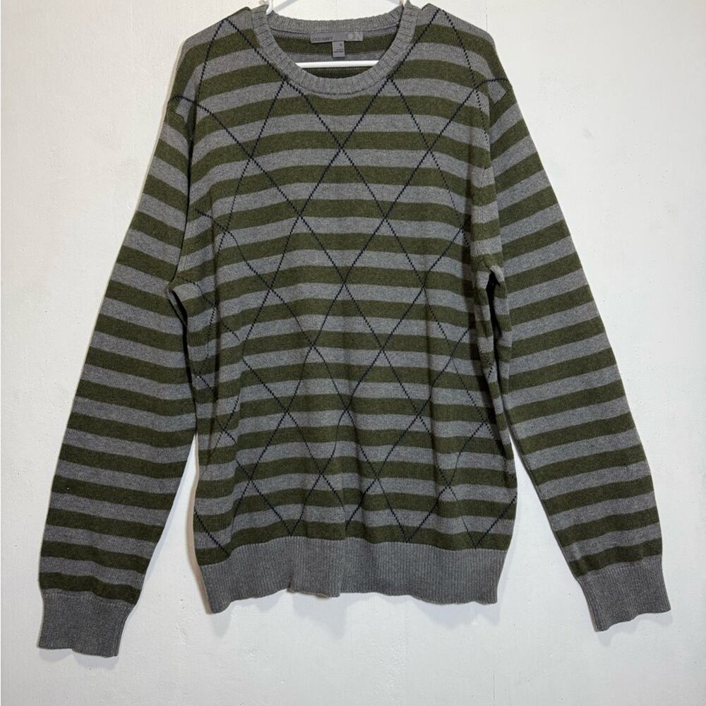 Old Navy Olive and Gray Argyle Diamond Striped Crewneck Sweater Sz XL